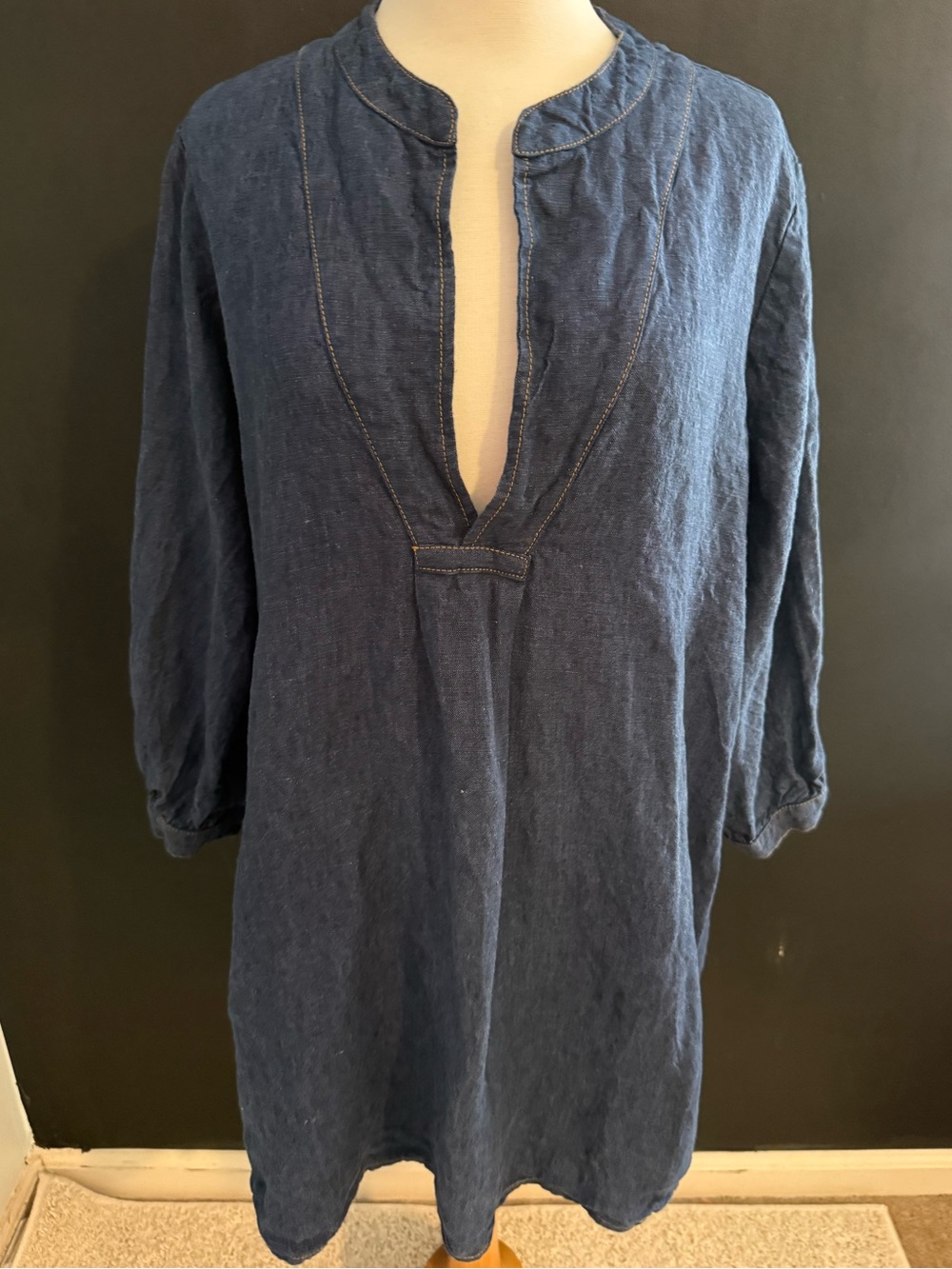 Uncle Frank Women’s Let Me Be 100% linen Indigo Blue Pullover Tunic Dress XL